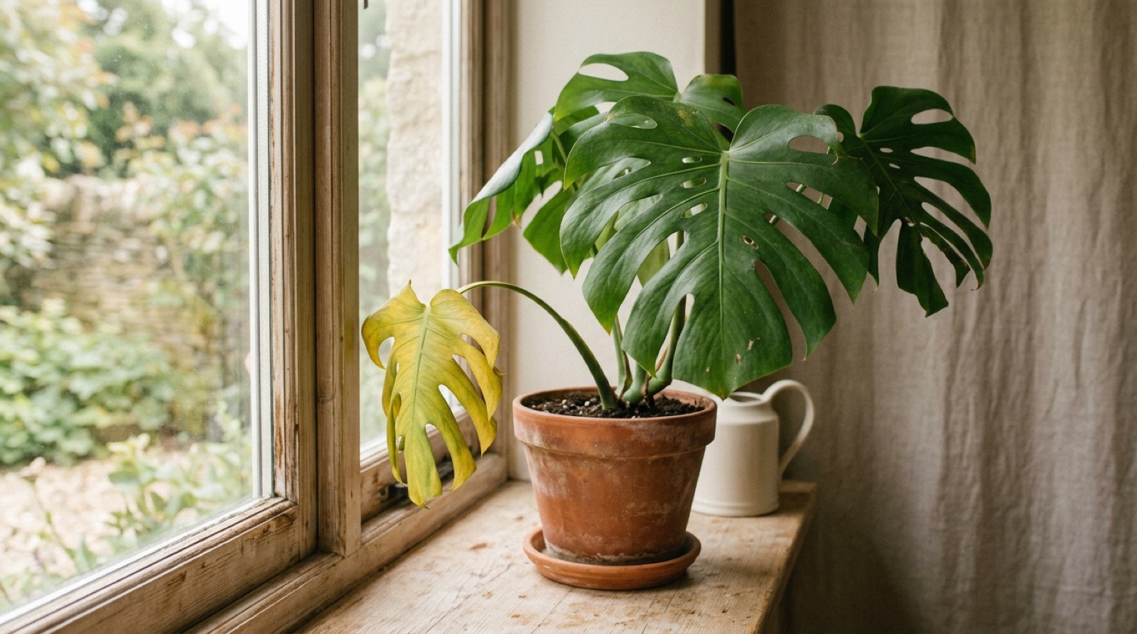 Monstera na parapetu s jedním žloutnoucím listem